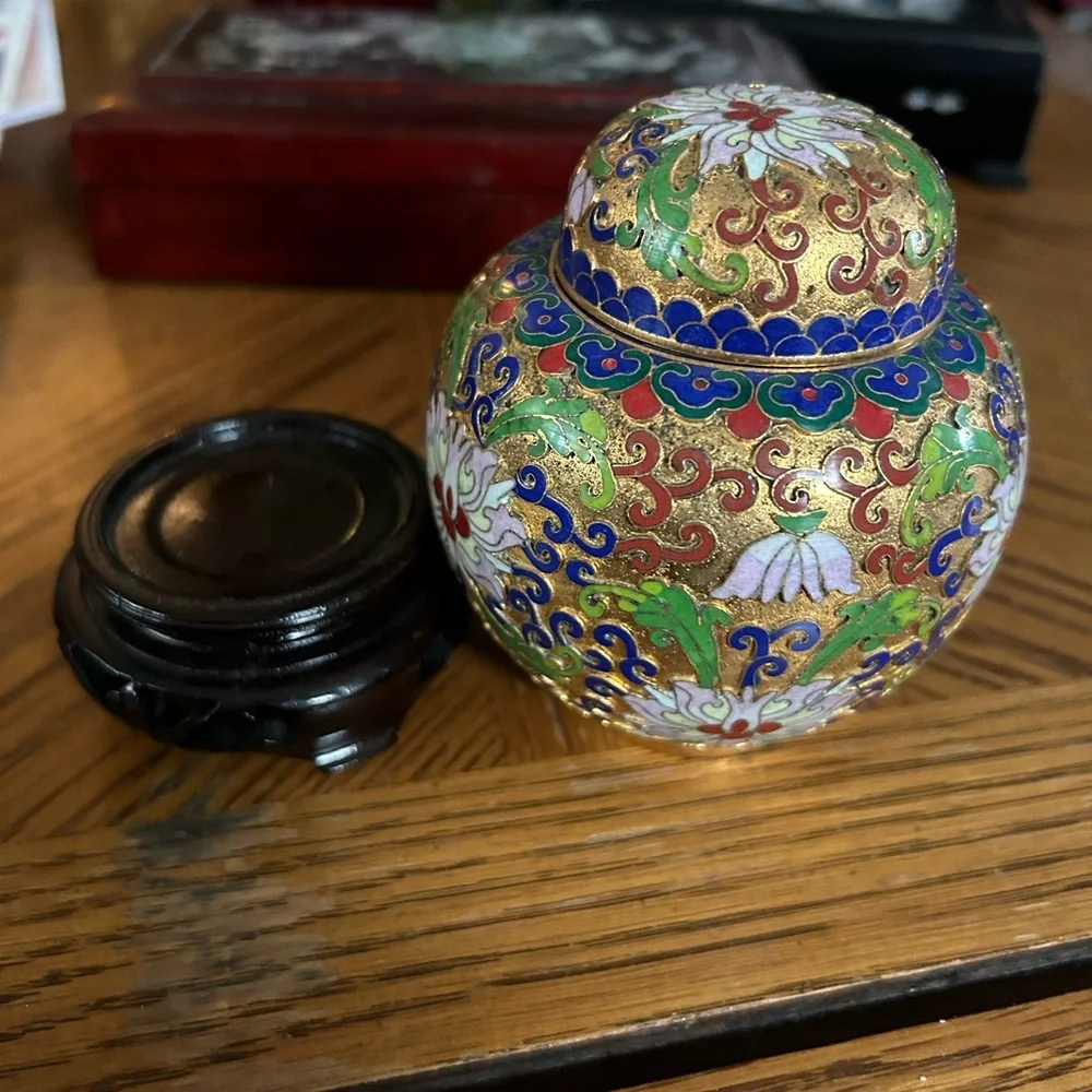 Vintage Cloisonné Ginger Jar with Stand